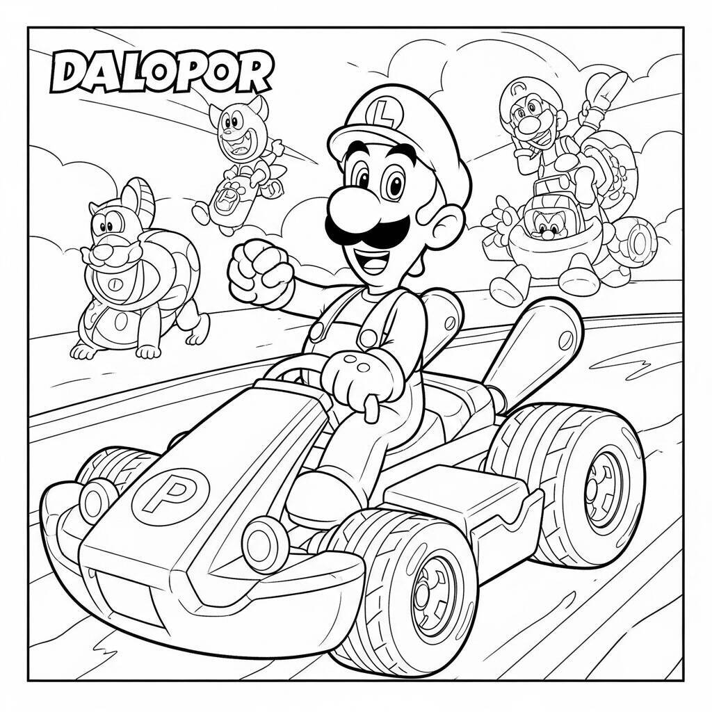 Desenho de Luigi em um Kart com amigos para Colorir