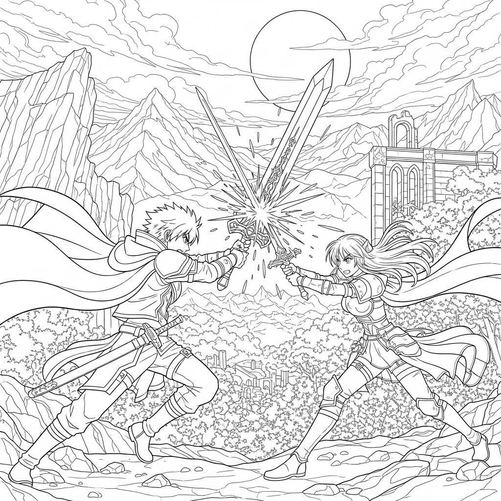 Desenho de Lutas de Espadas Anime para Colorir