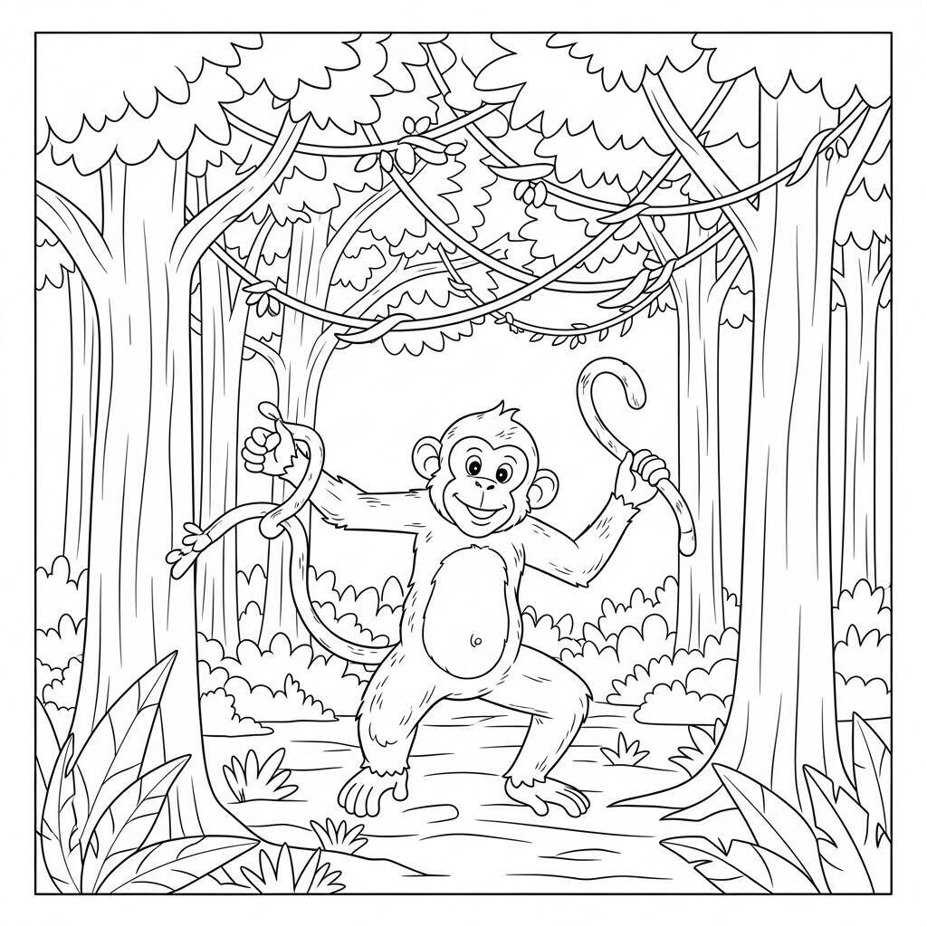 Desenho de Macaco Brincando na Selva para Colorir