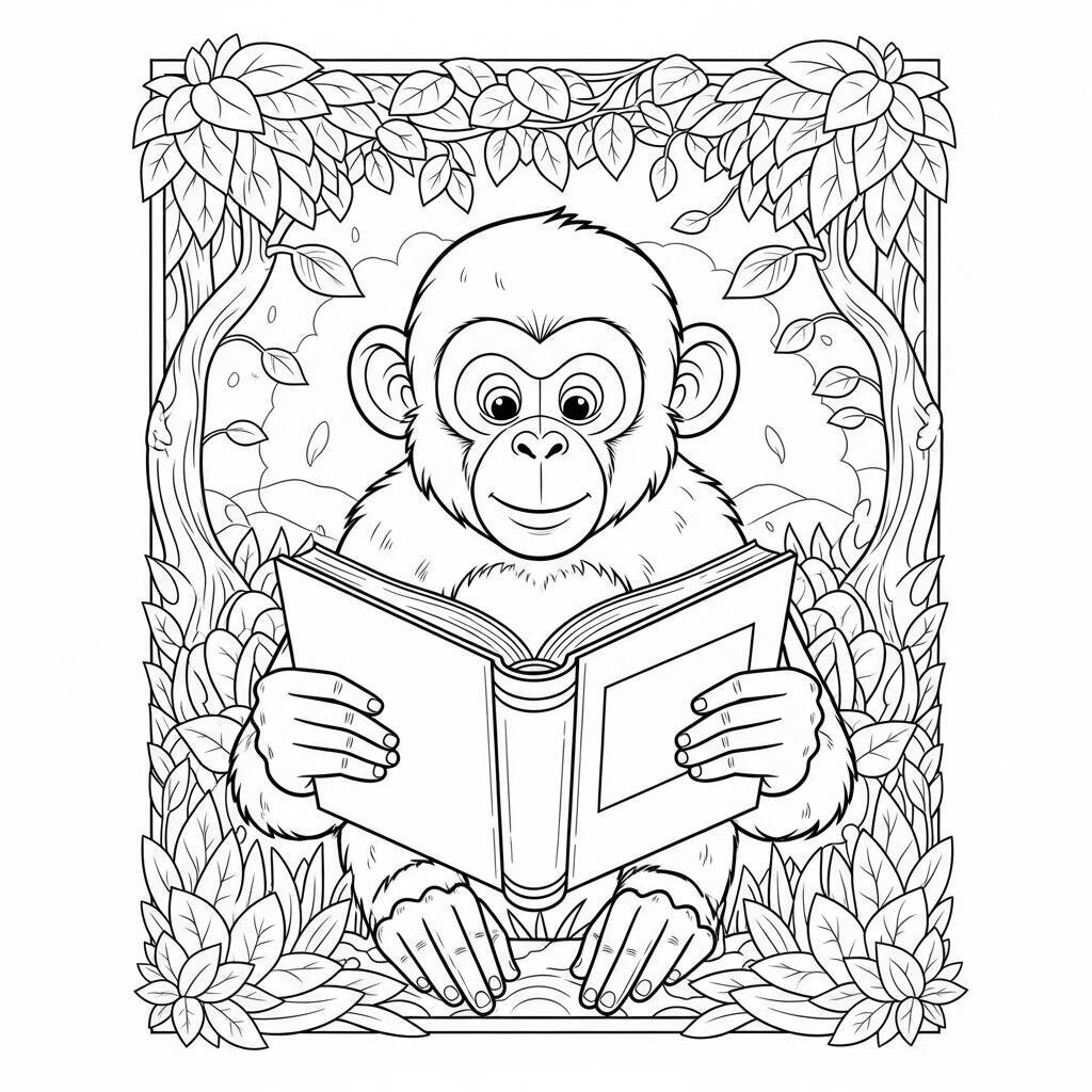 Desenho de Macaco Sabio com Livro para Colorir