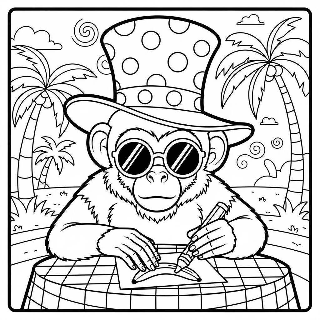 Desenho de Macaco com Chapéu para Colorir