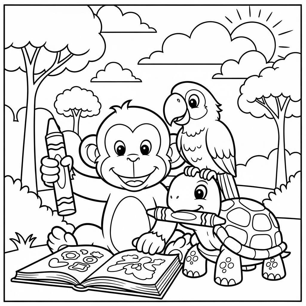 Desenho de Macaco e Amigos Animais para Colorir