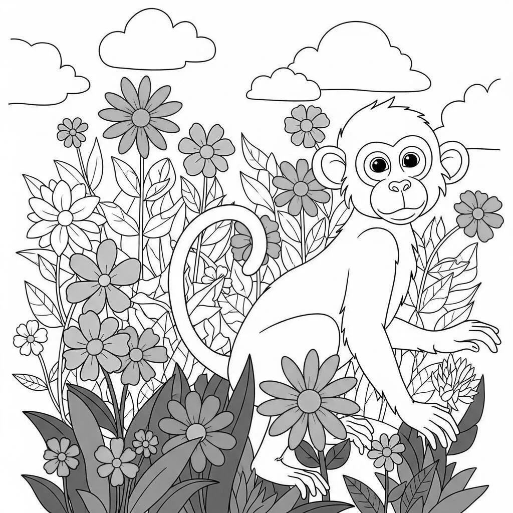 Desenho de Macaco e Flores Coloridas para Colorir