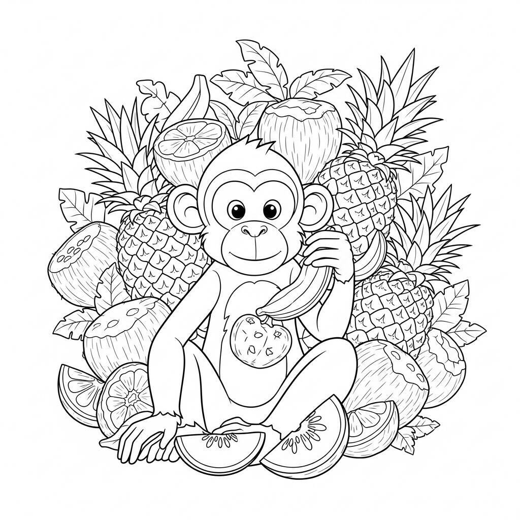 Desenho de Macaco e Frutas Tropicais para Colorir