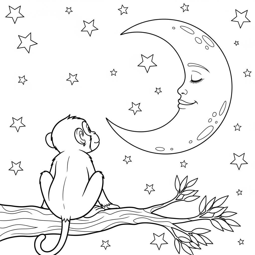 Desenho de Macaco e a Lua para Colorir
