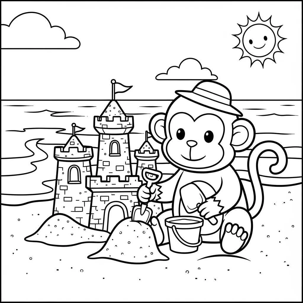 Desenho de Macaco e a Praia para Colorir