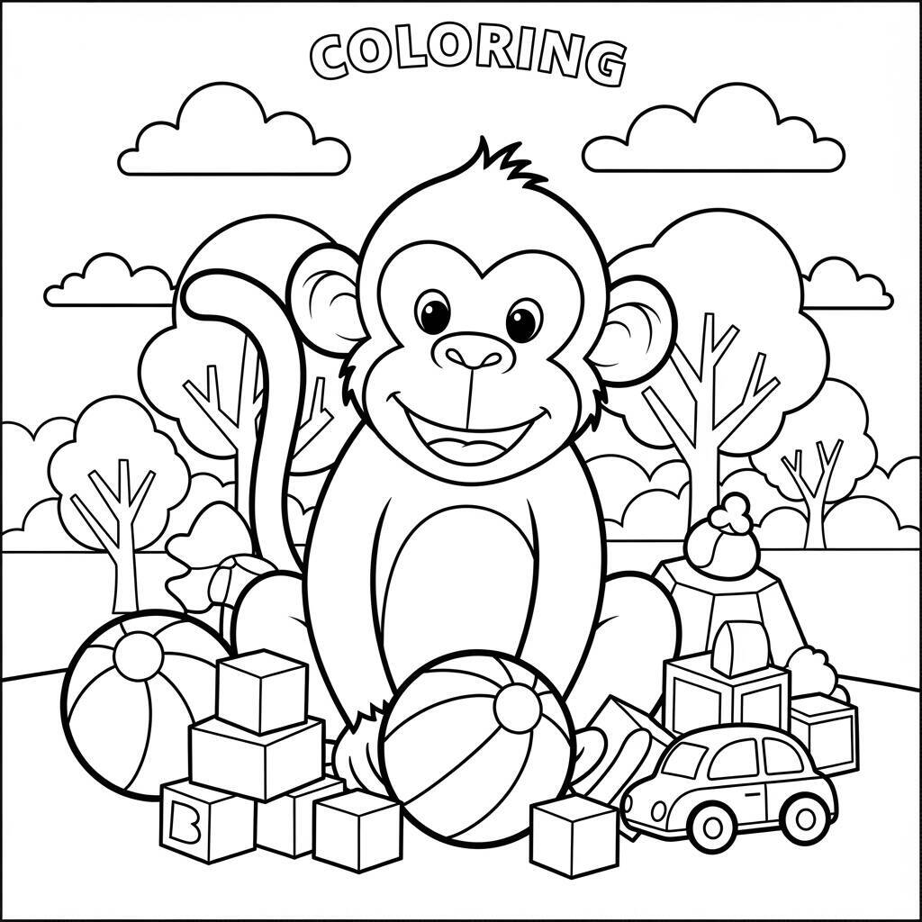Desenho de Macaco e seus Brinquedos para Colorir