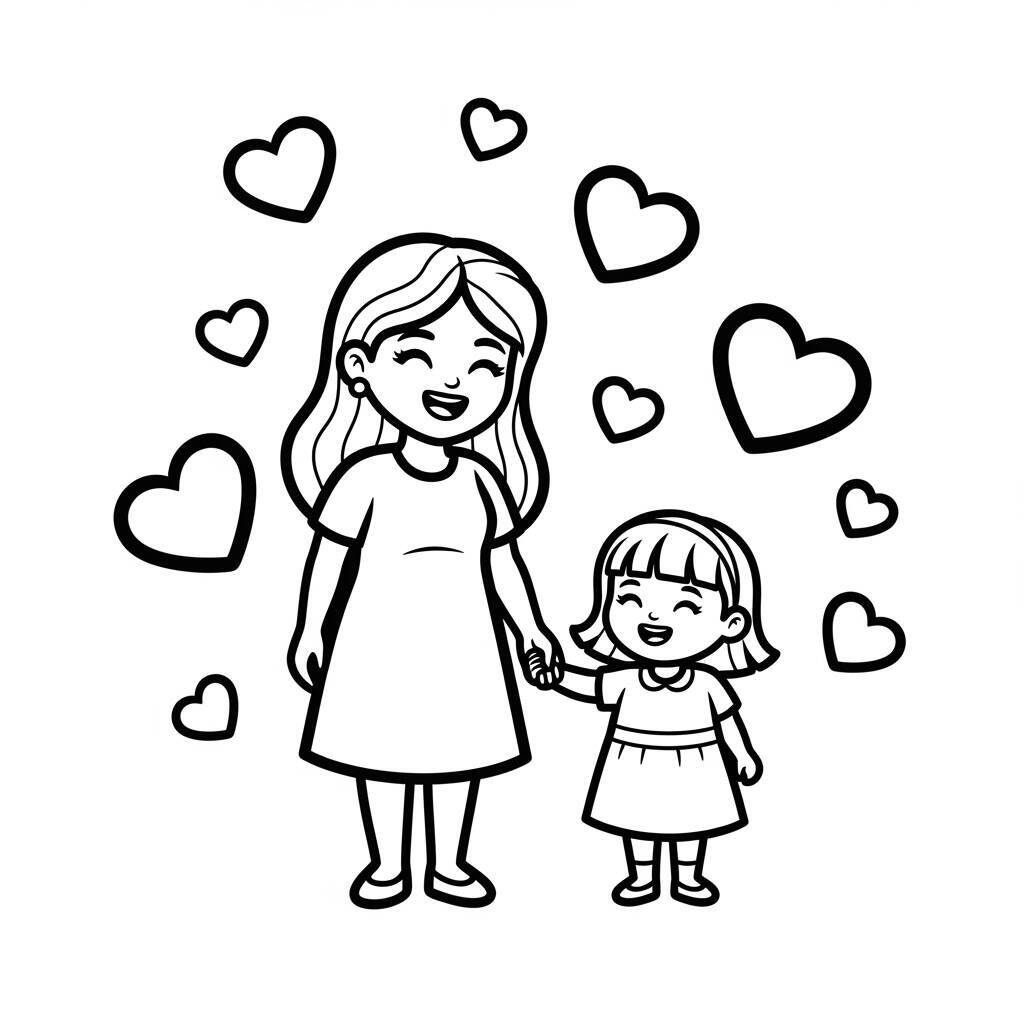 Desenho de Mãe e Filha com Coração para Colorir