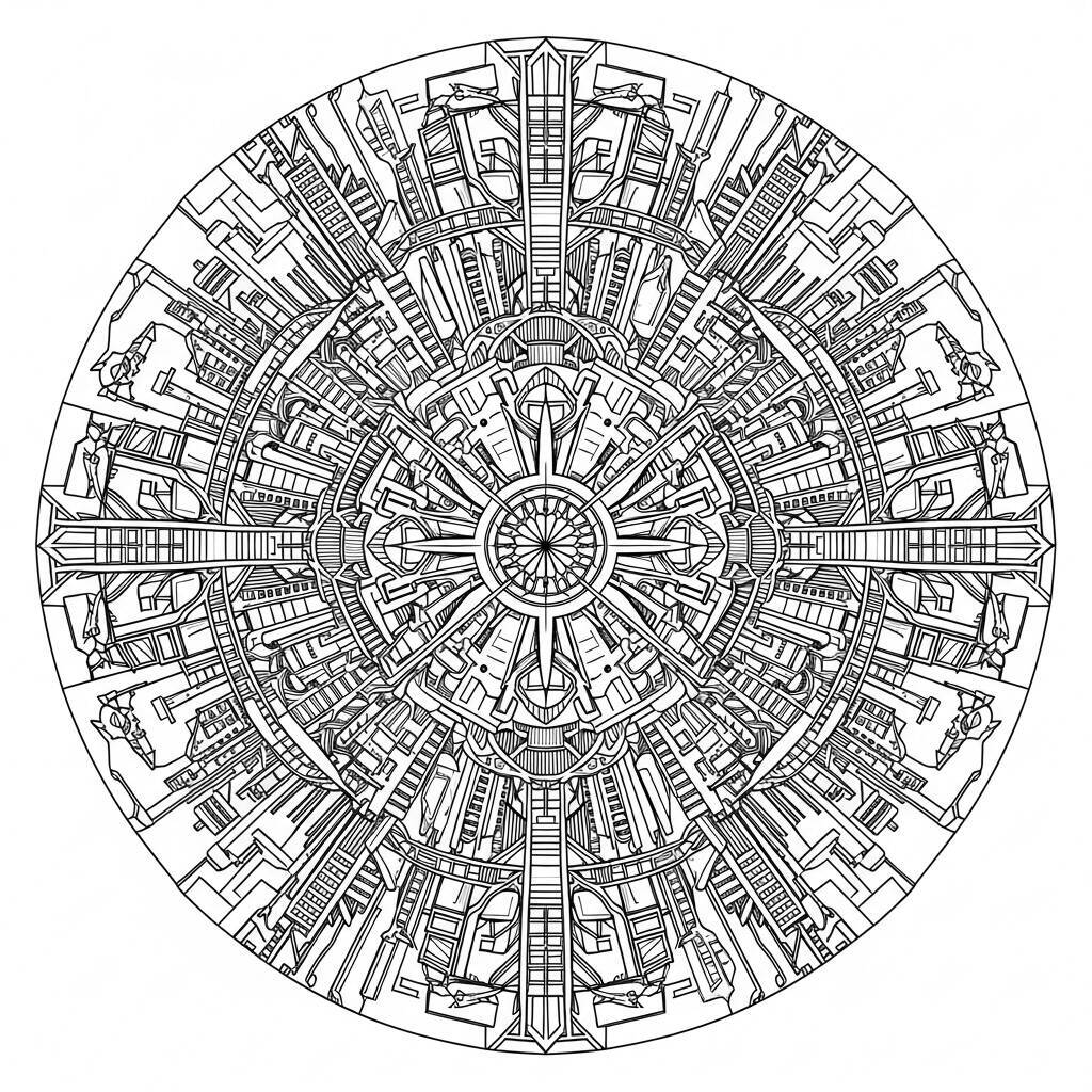 Futuristische Städte-Mandala-Malseite