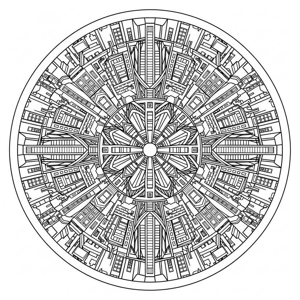 Desenho de Mandala de Cidades para Colorir