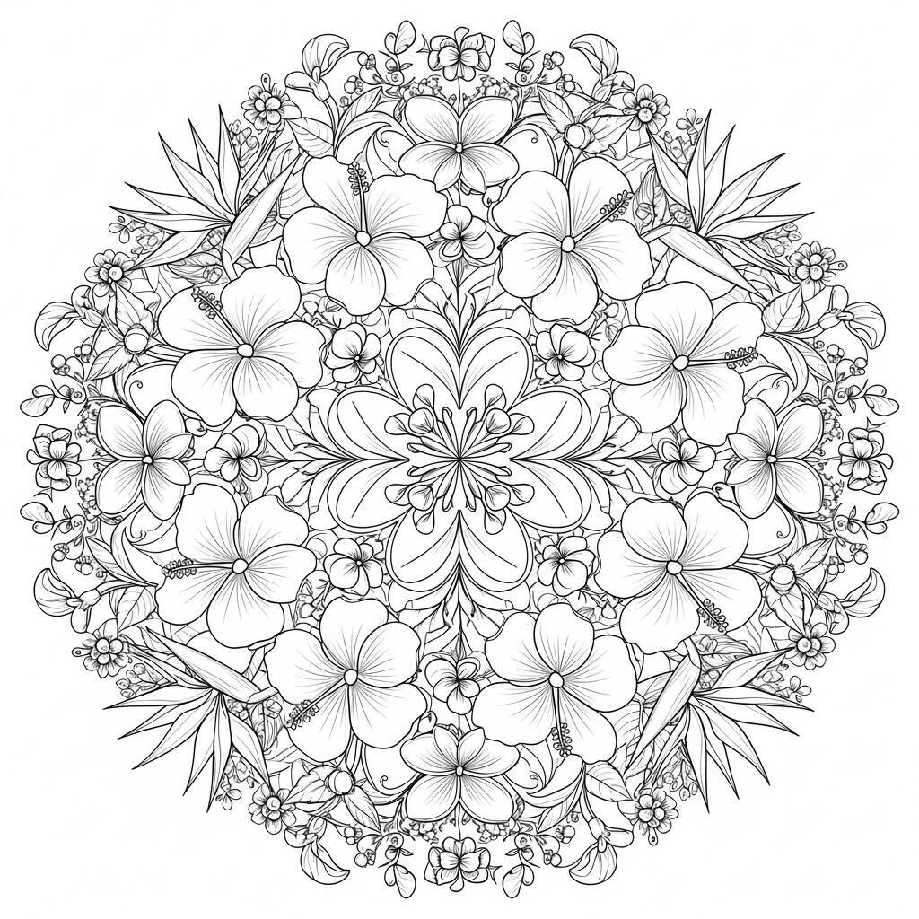 Mandala mit exotischen Blumen zum Ausmalen