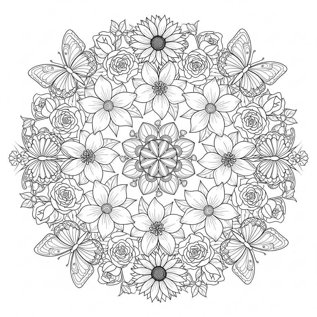 Mandala aus Blumen und Schmetterlingen zum Ausmalen