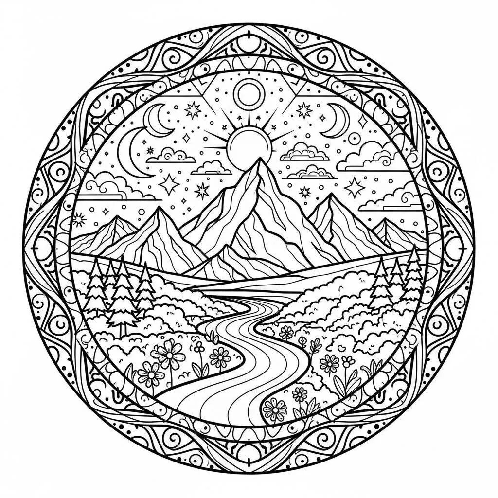 Desenho de Mandala de Paisagens para Colorir