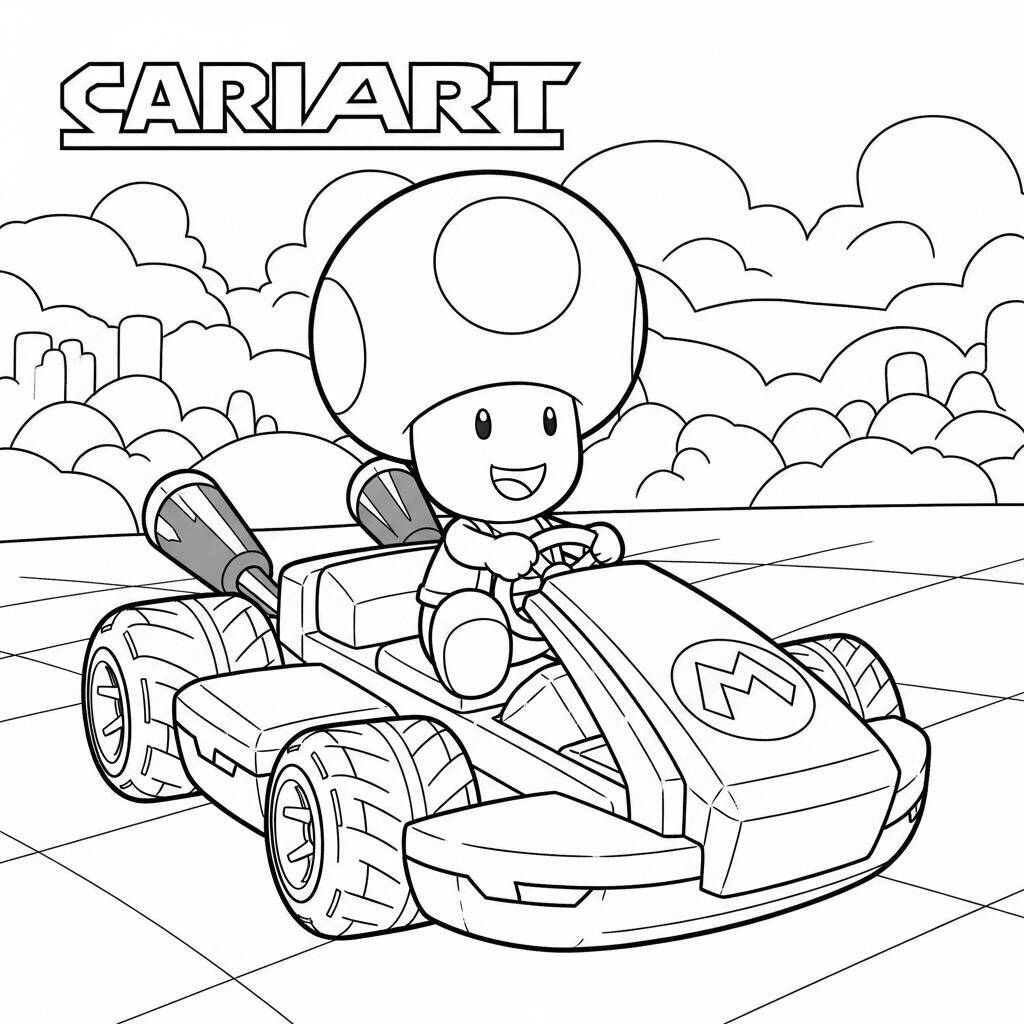 Desenho de Mario Kart com Toad para Colorir