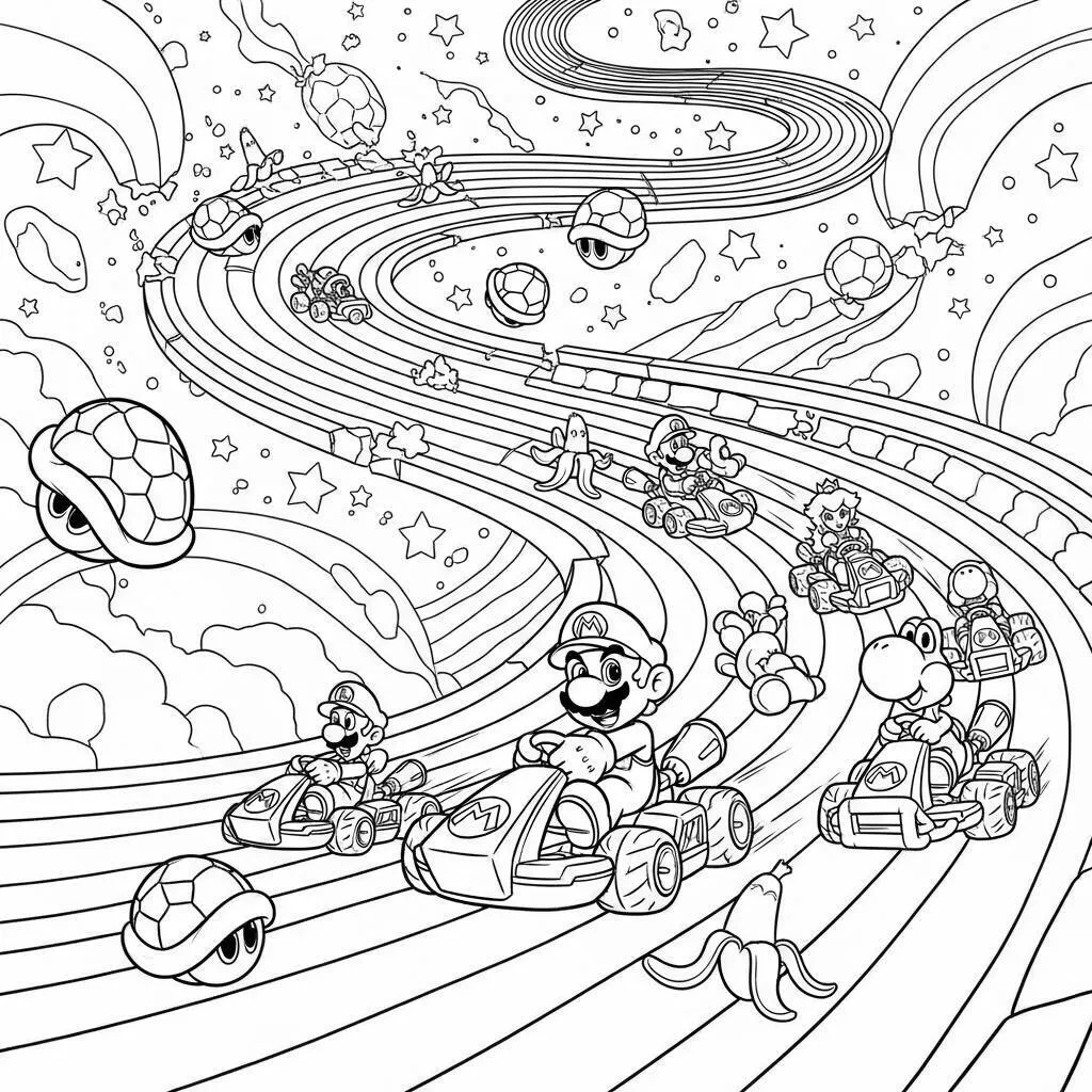 Desenho de Mario Kart com a pista arco-íris para Colorir