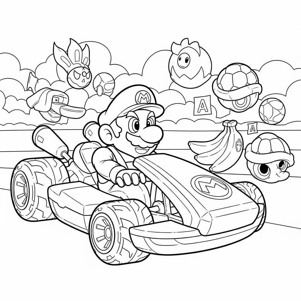 Desenho de Mario Kart com itens mágicos para Colorir