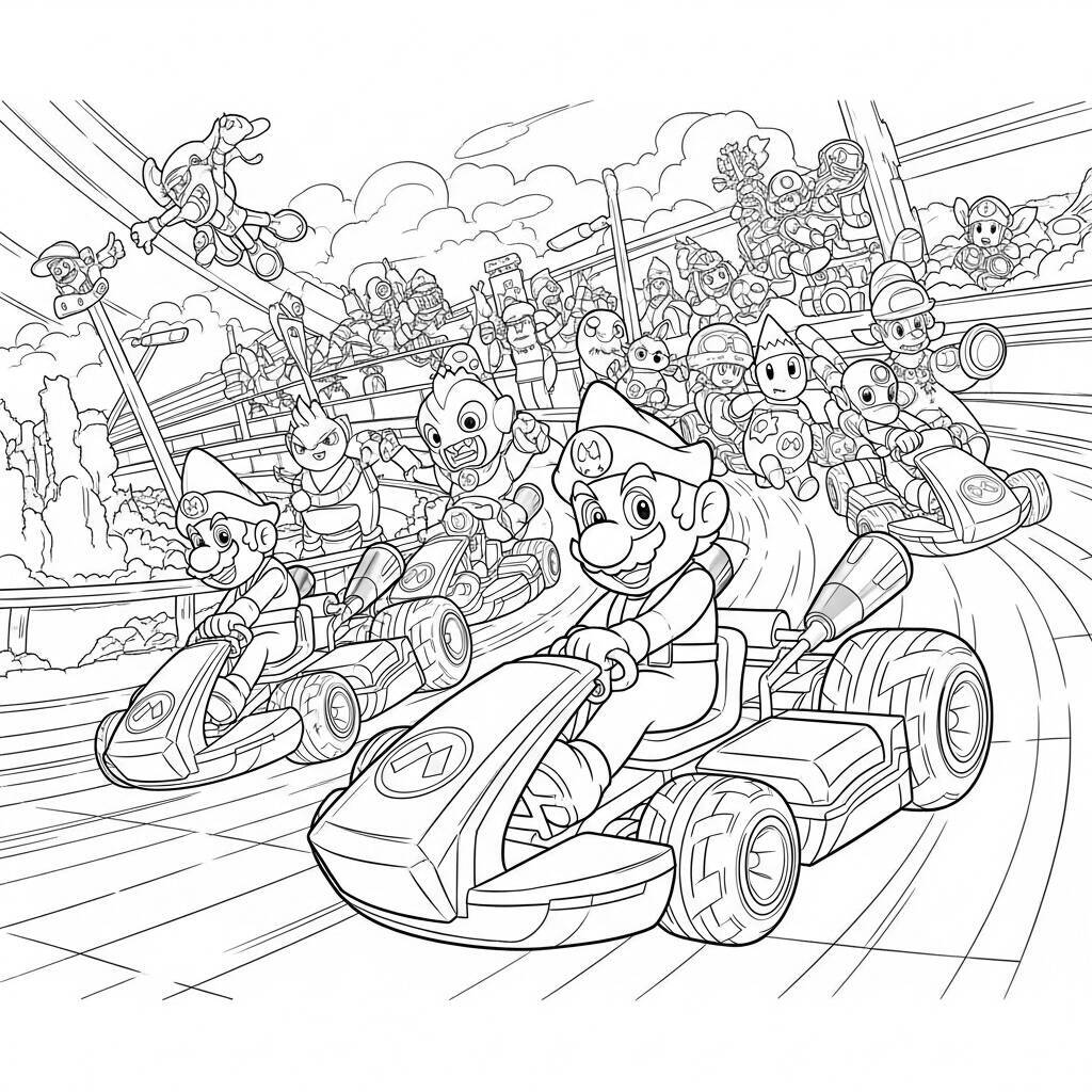 Desenho de Mario Kart com personagens do jogo para Colorir