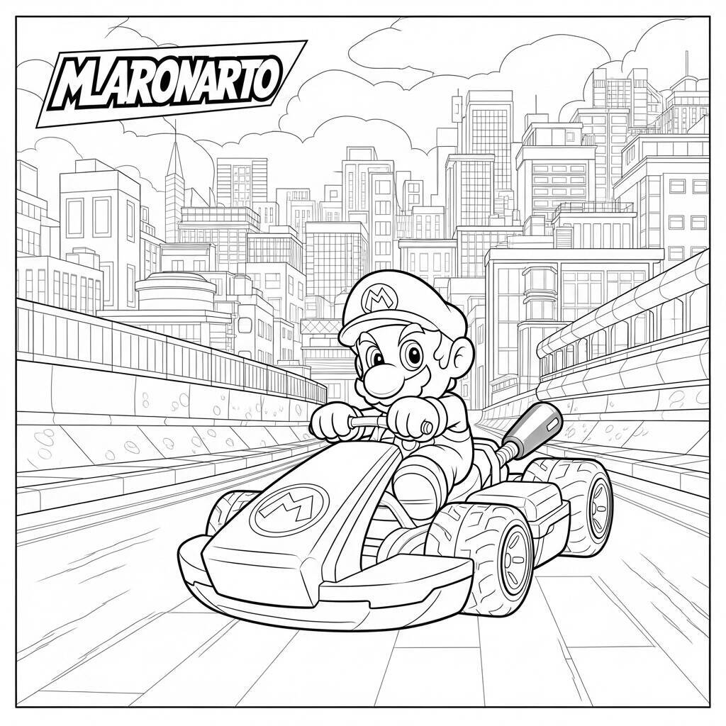 Desenho de Mario Kart com um cenário de cidade para Colorir