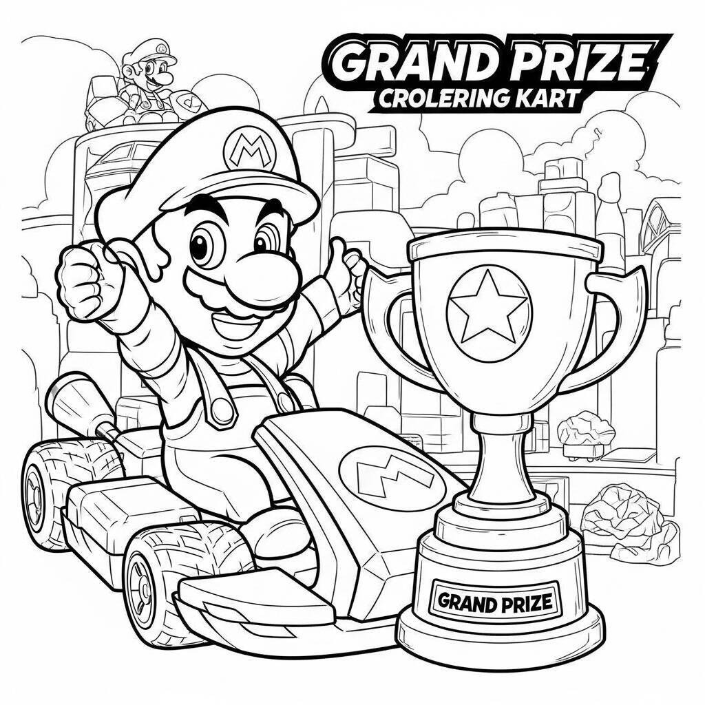 Desenho de Mario Kart com um grande prêmio para Colorir