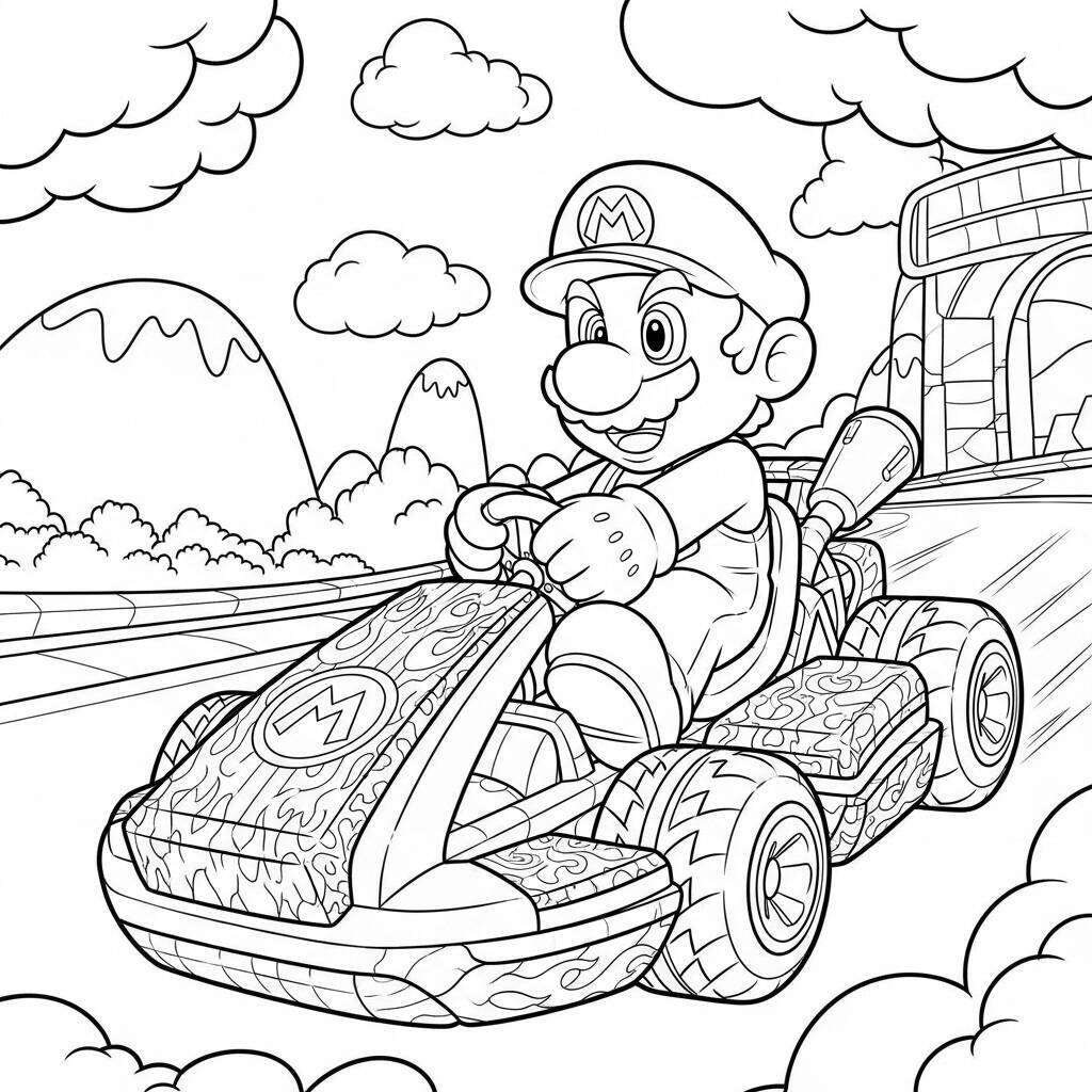 Desenho de Mario Kart com um kart customizado para Colorir