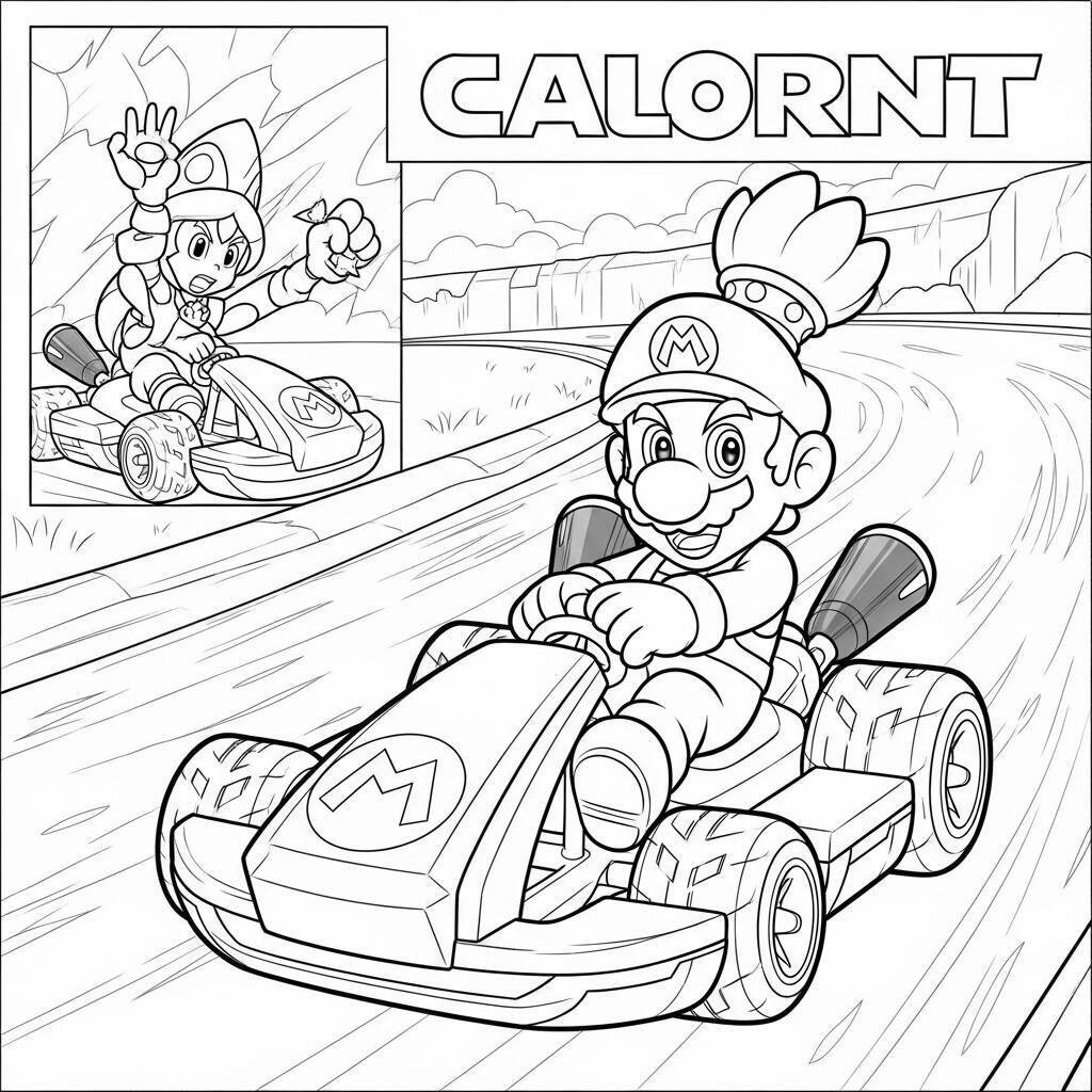 Desenho de Mario Kart com um novo personagem para Colorir
