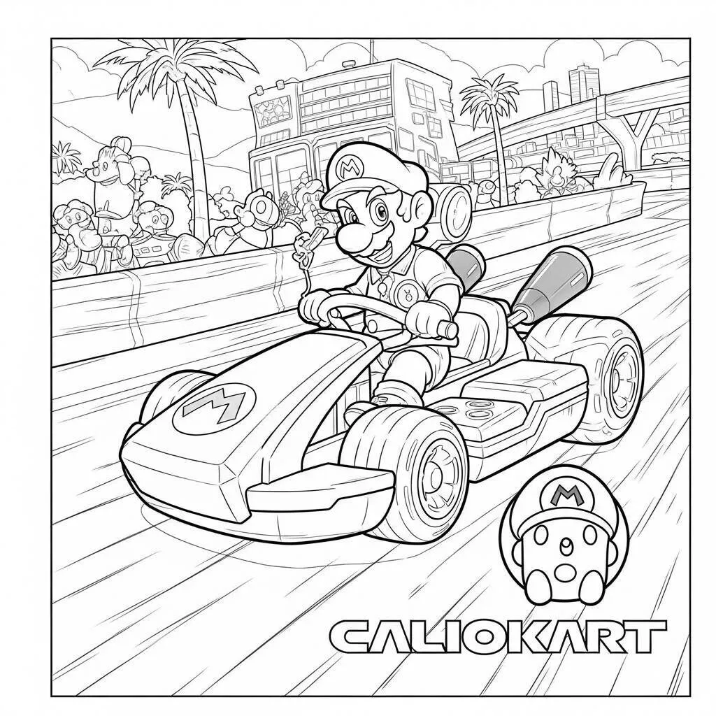 Desenho de Mario Kart com um personagem surpresa para Colorir