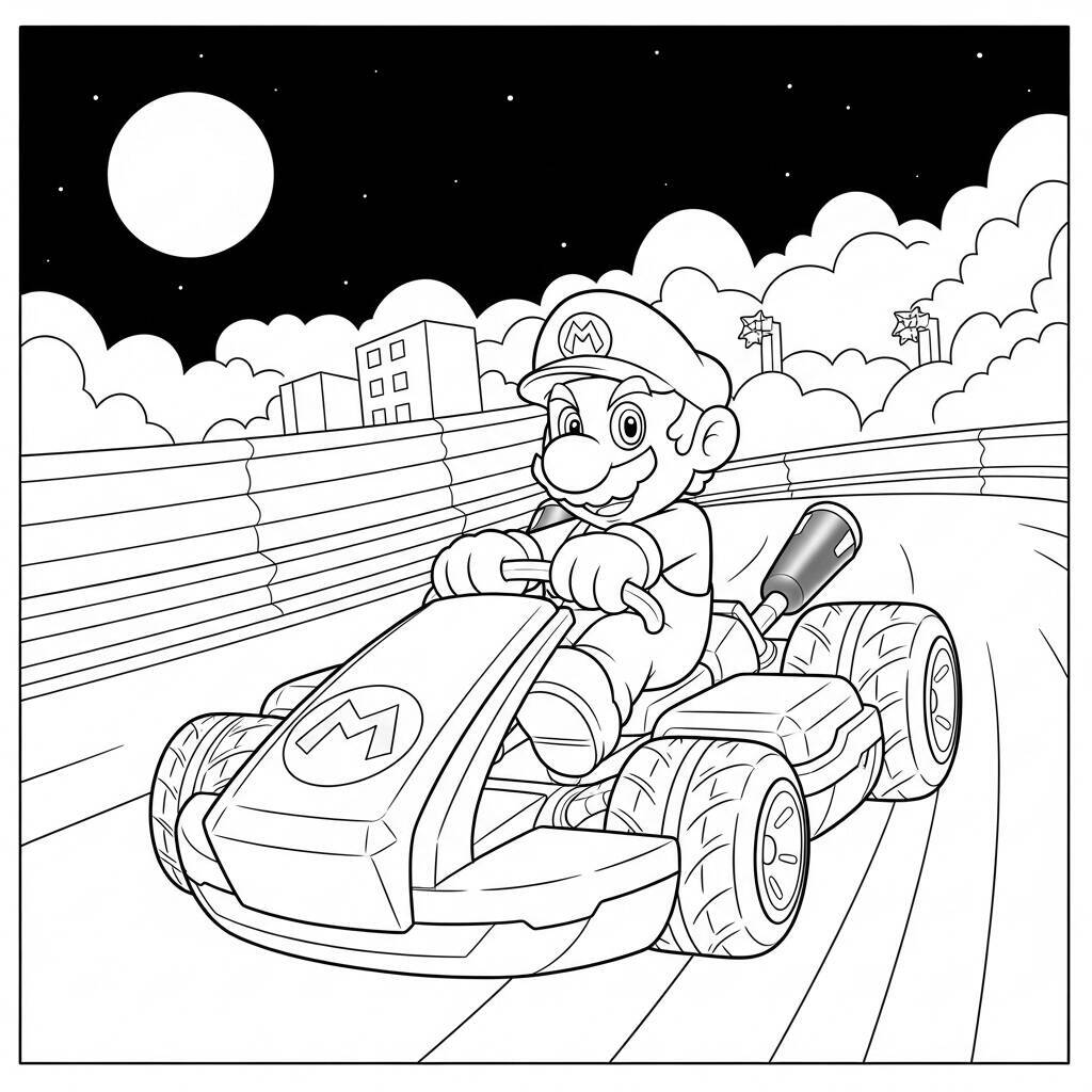 Desenho de Mario Kart com uma corrida noturna para Colorir