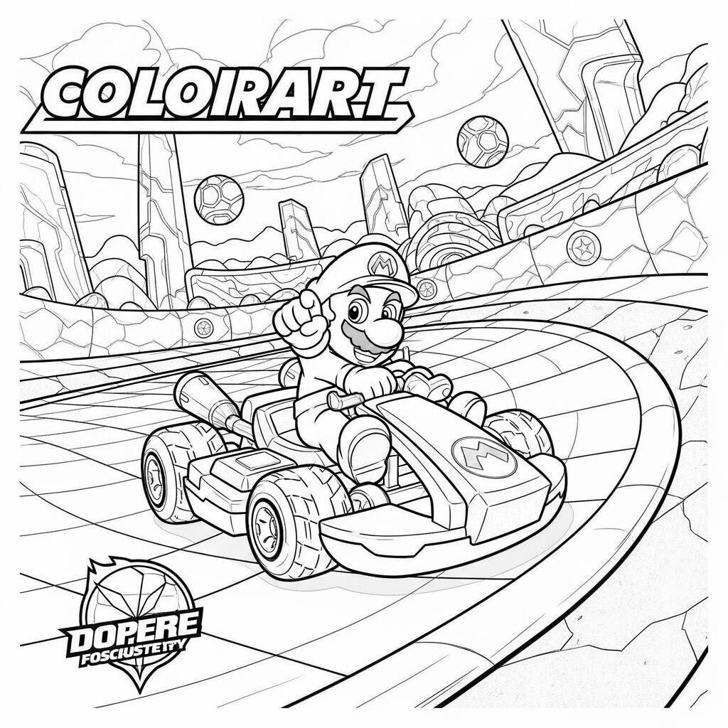 Desenho de Mario Kart com uma pista de gelo para Colorir