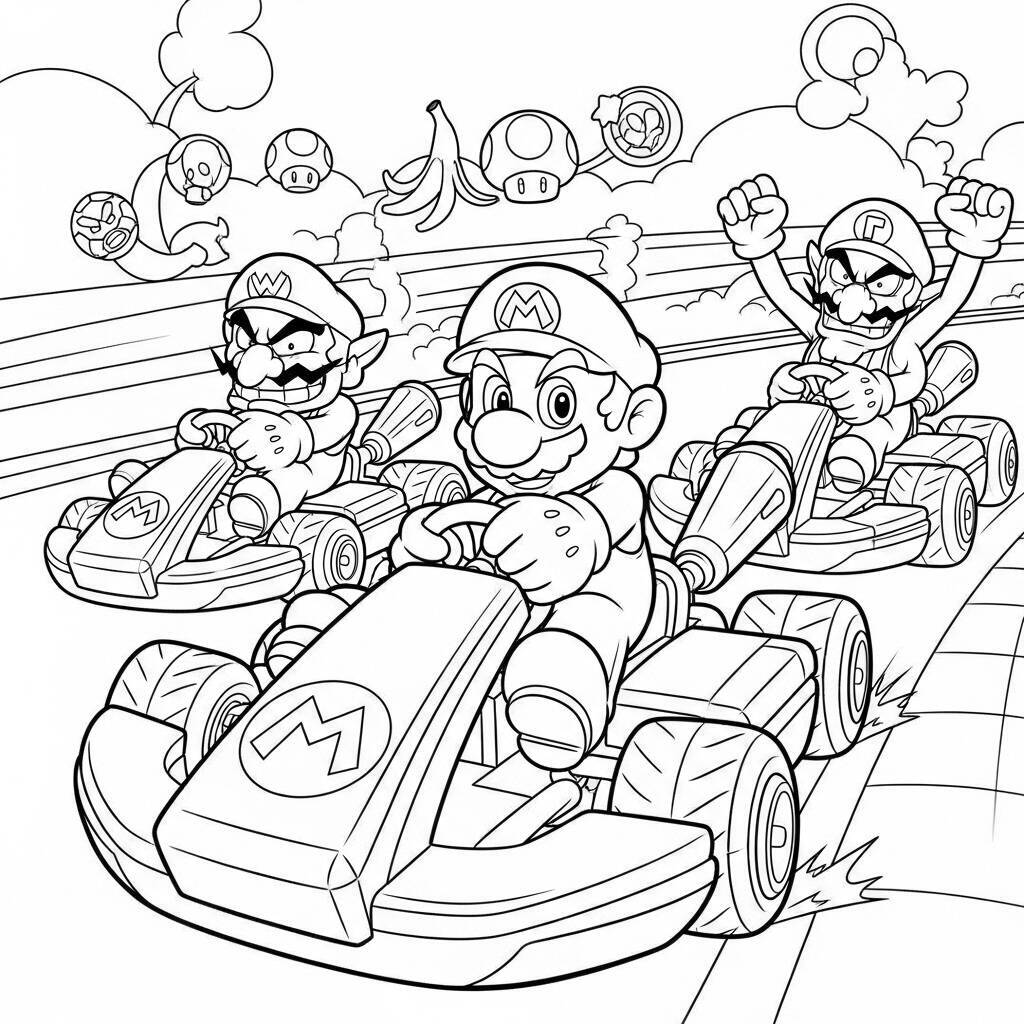 Desenho de Mario Kart e seus inimigos para Colorir