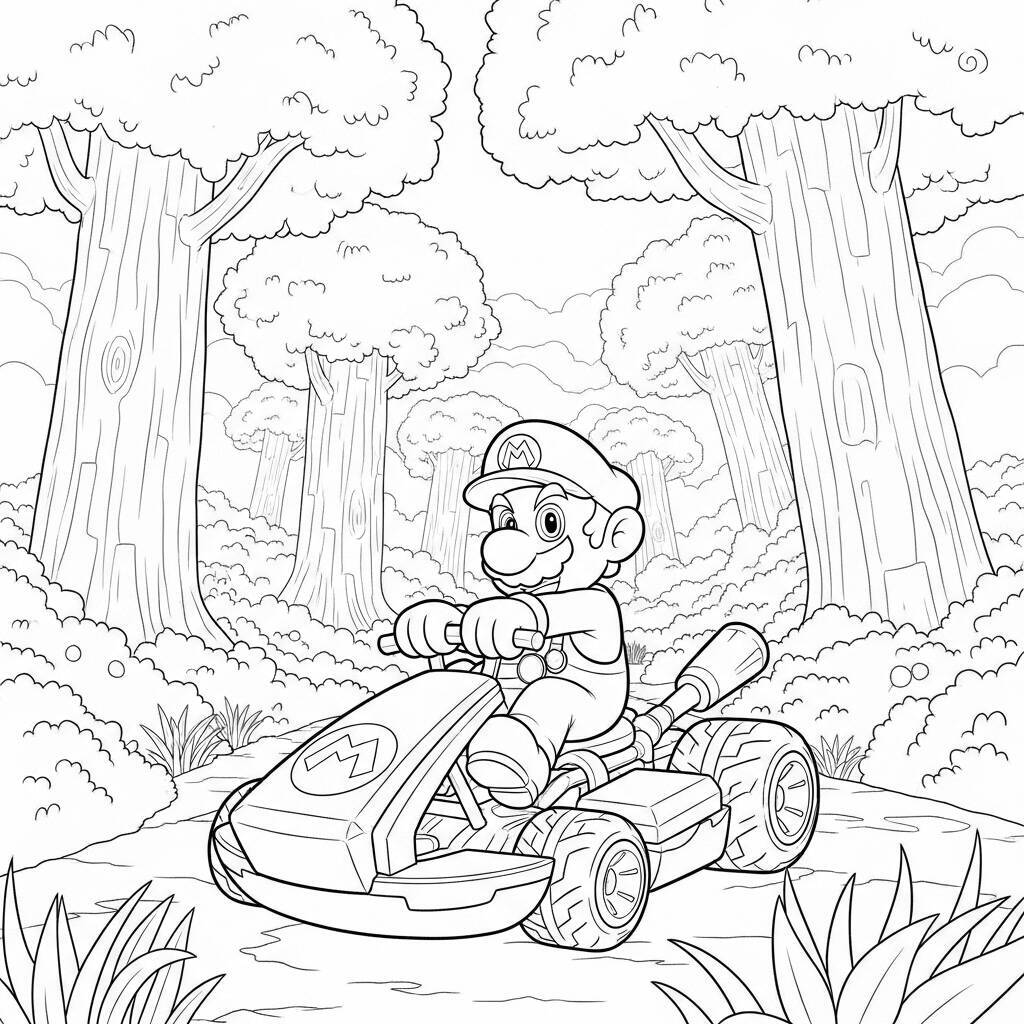 Desenho de Mario Kart em um cenário de floresta para Colorir