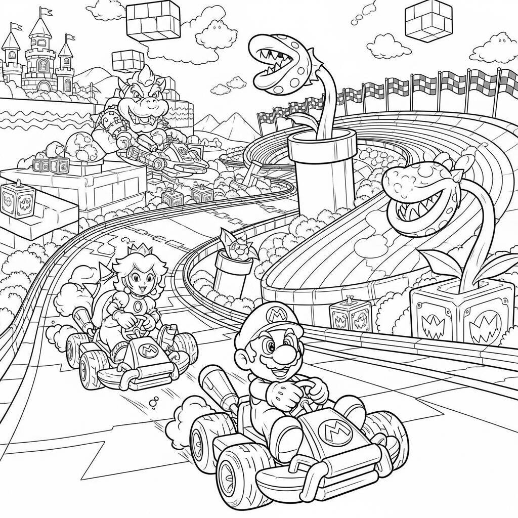 Desenho de Mario Kart em uma corrida de obstáculos para Colorir