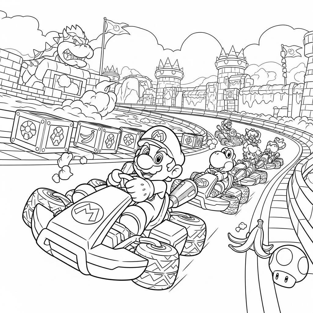 Desenho de Mario Kart em uma pista de corrida para Colorir
