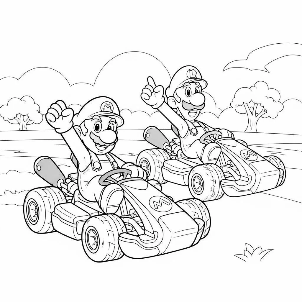 Desenho de Mario e Luigi com seus karts para Colorir