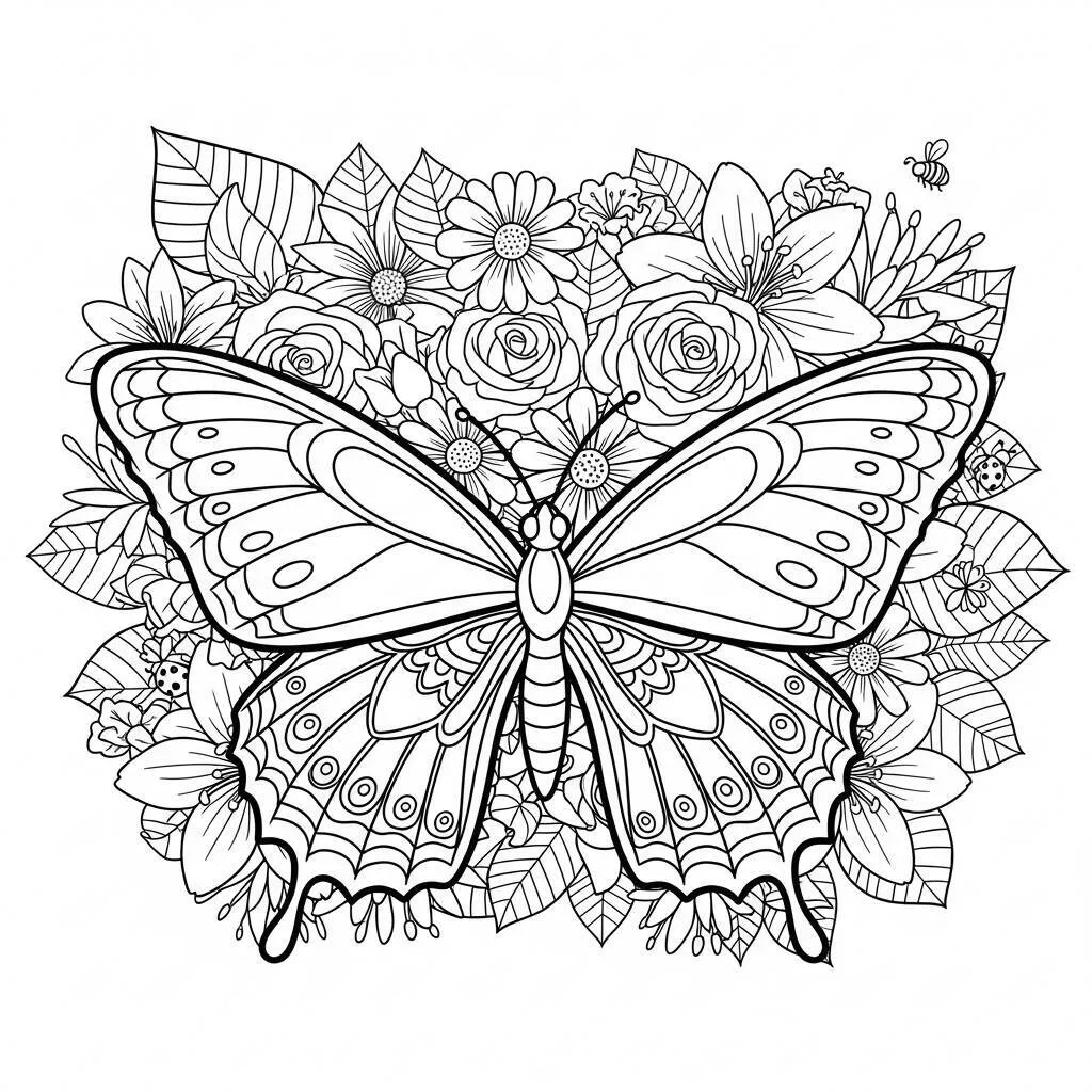 Desenho de Mariposa e Flores para Colorir