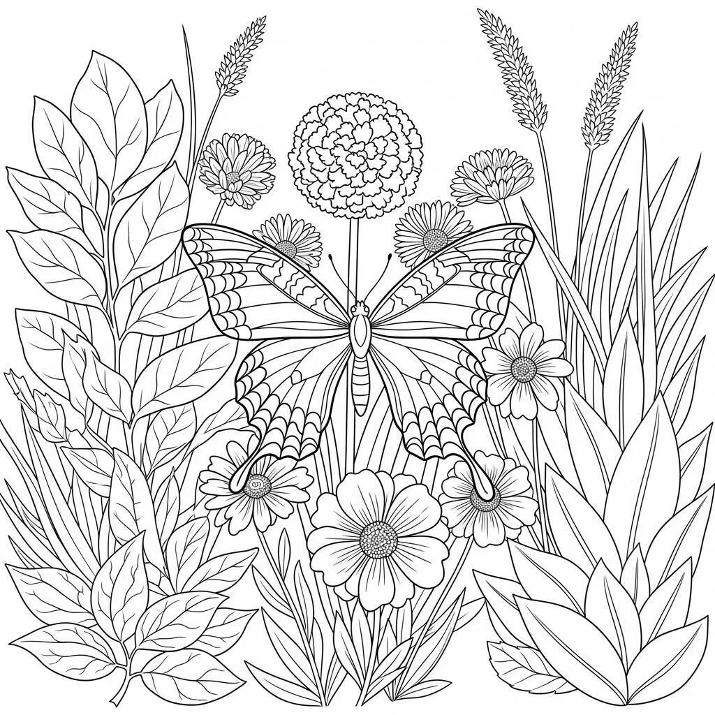 Desenho de Mariposa e Jardim para Colorir