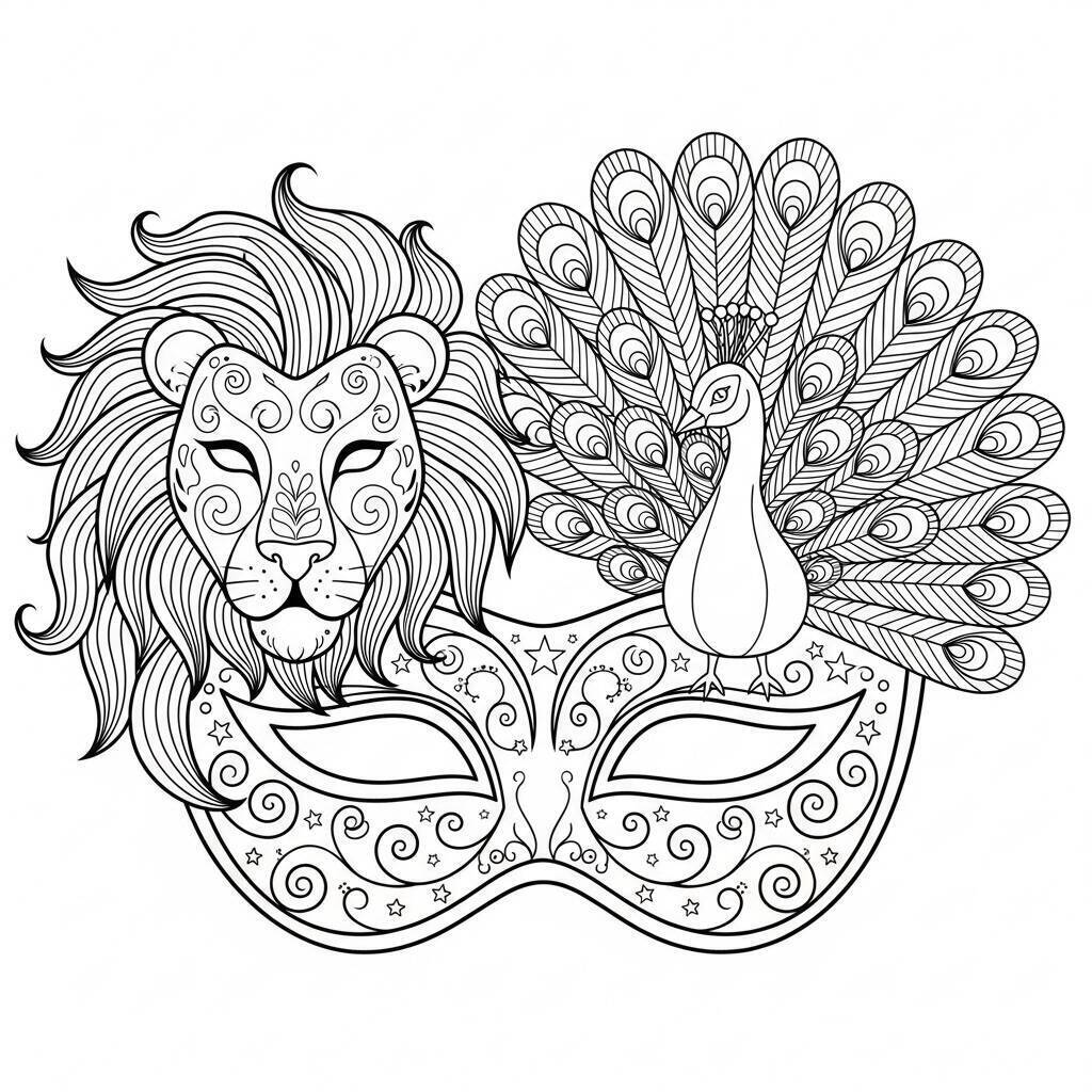 Desenho de Máscara de Carnaval com Animais para Colorir