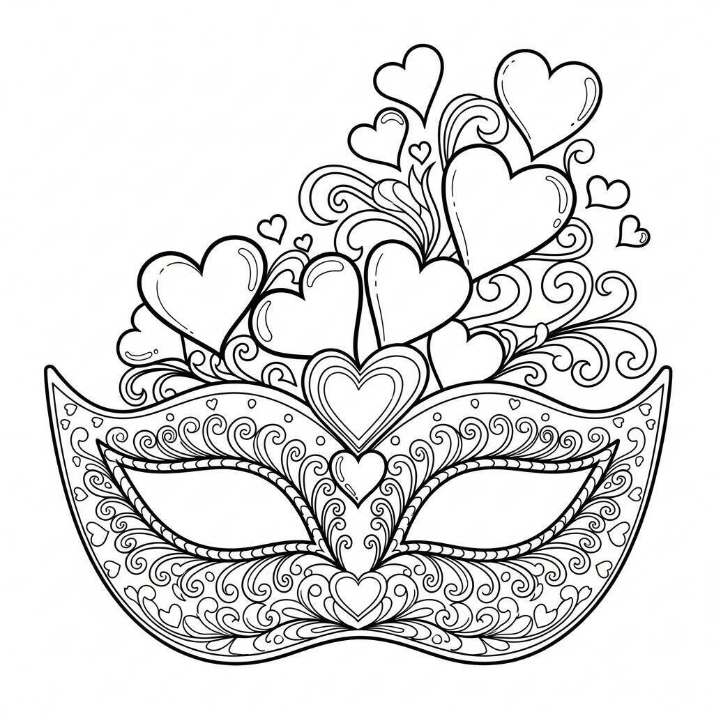 Desenho de Máscara de Carnaval com Corações para Colorir