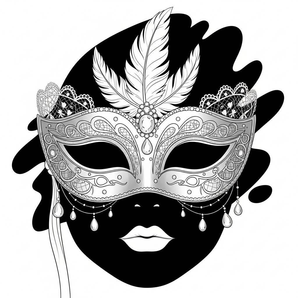 Desenho de Máscara de Carnaval com Detalhes de Prata para Colorir