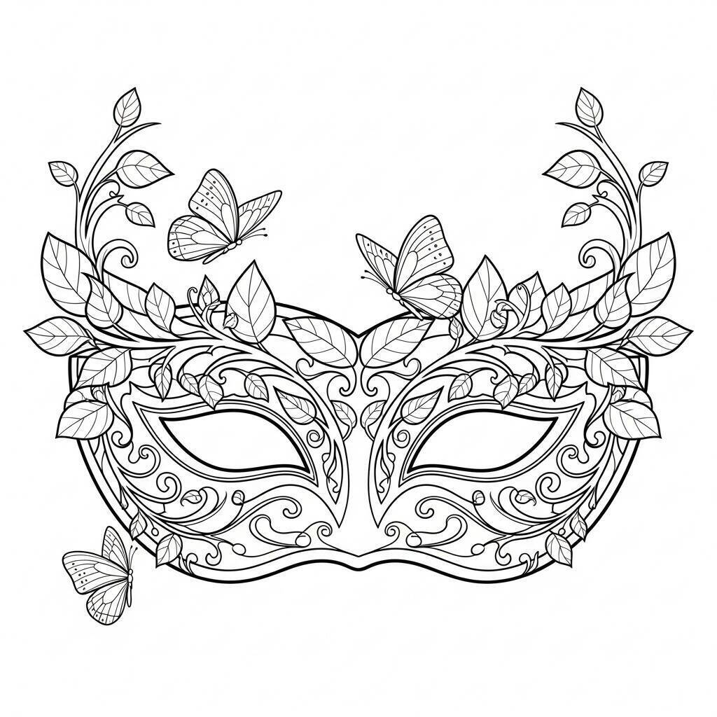 Desenho de Máscara de Carnaval com Elementos da Natureza para Colorir