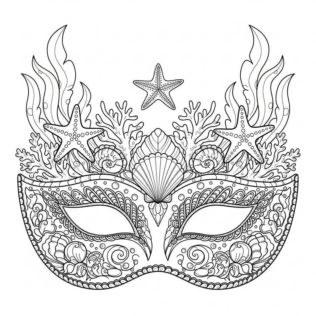 Desenho de Máscara de Carnaval com Estrela do Mar para Colorir
