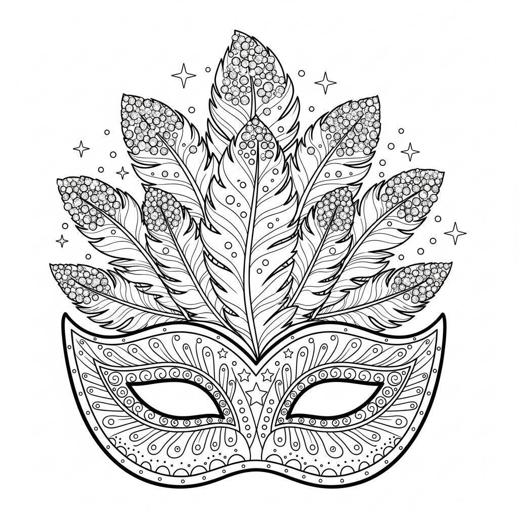 Desenho de Máscara de Carnaval com Glitter para Colorir