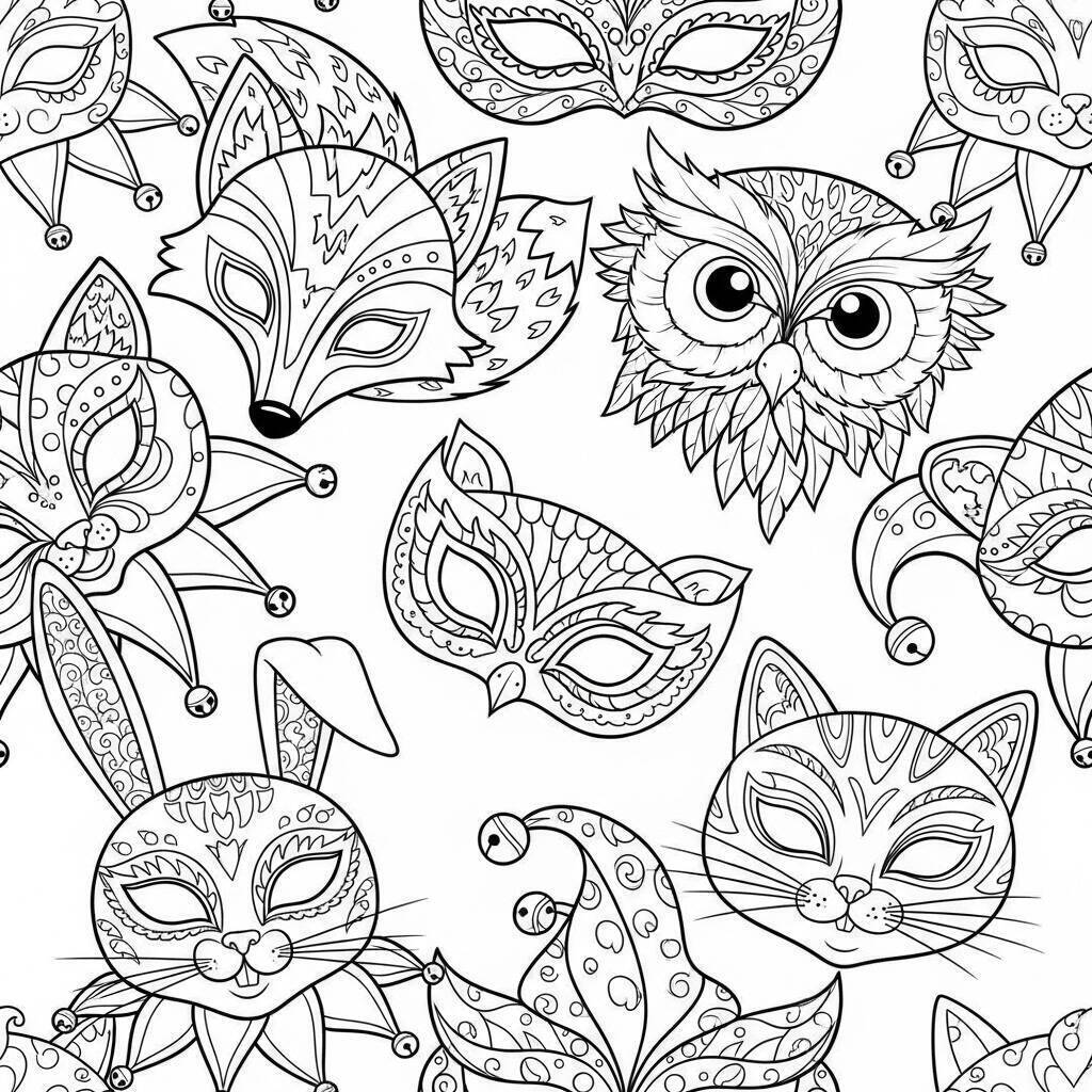 Desenho de Máscara de Carnaval com Máscaras de Animais para Colorir