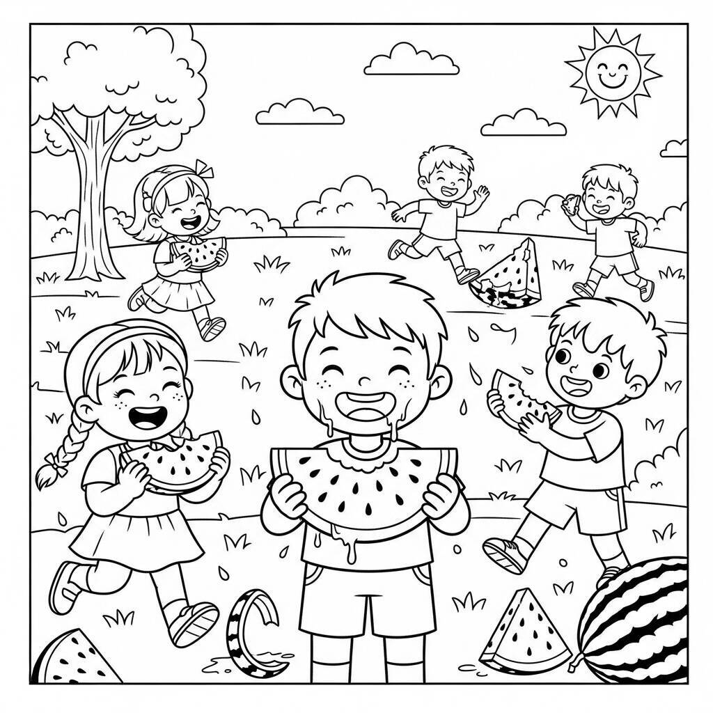 Malvorlage Wassermelone mit Kindern
