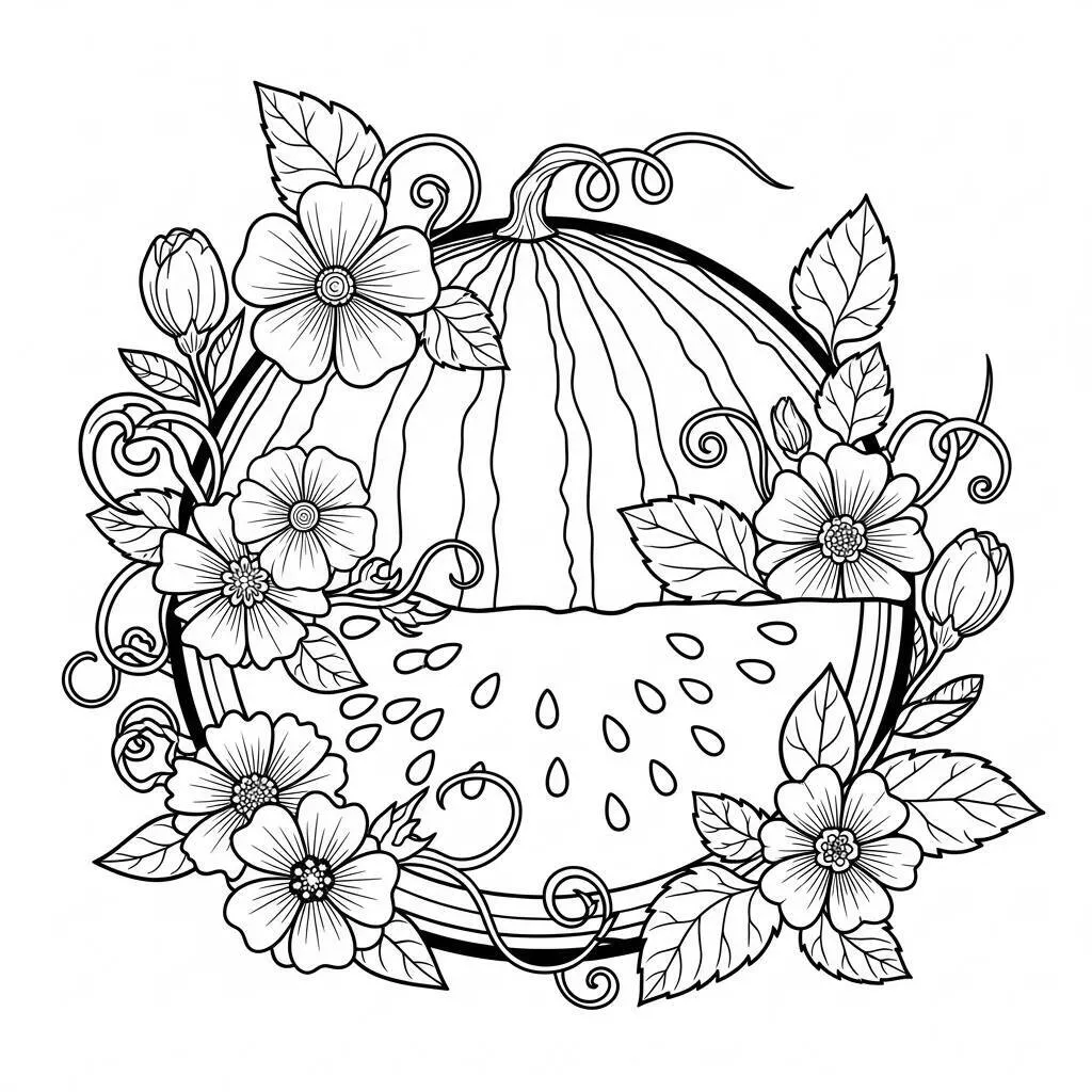 Desenho de Melancia com Flores para Colorir