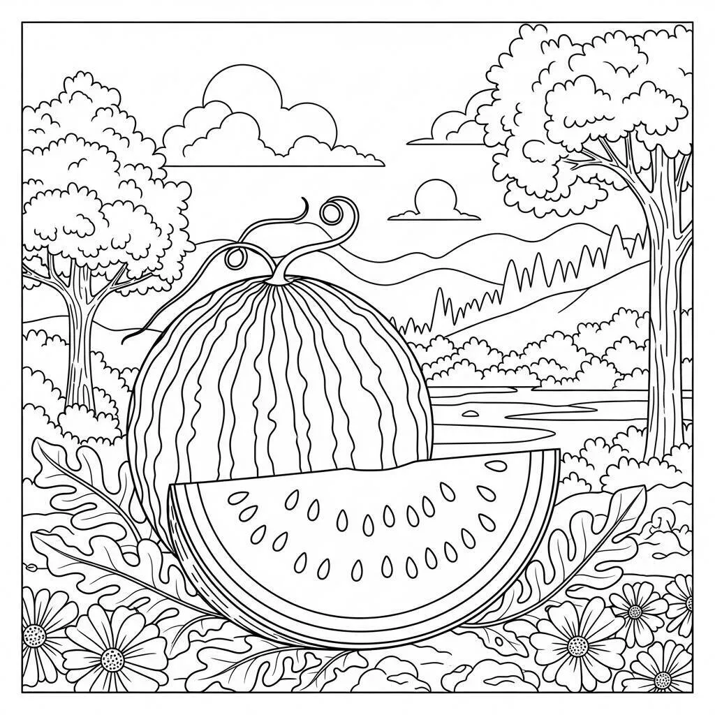Desenho de Melancia e Natureza para Colorir