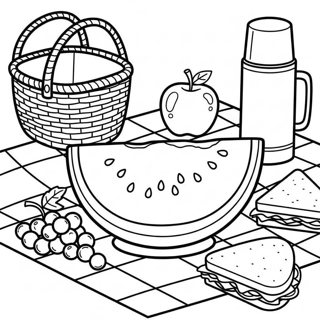 Desenho de Melancia e Piquenique para Colorir