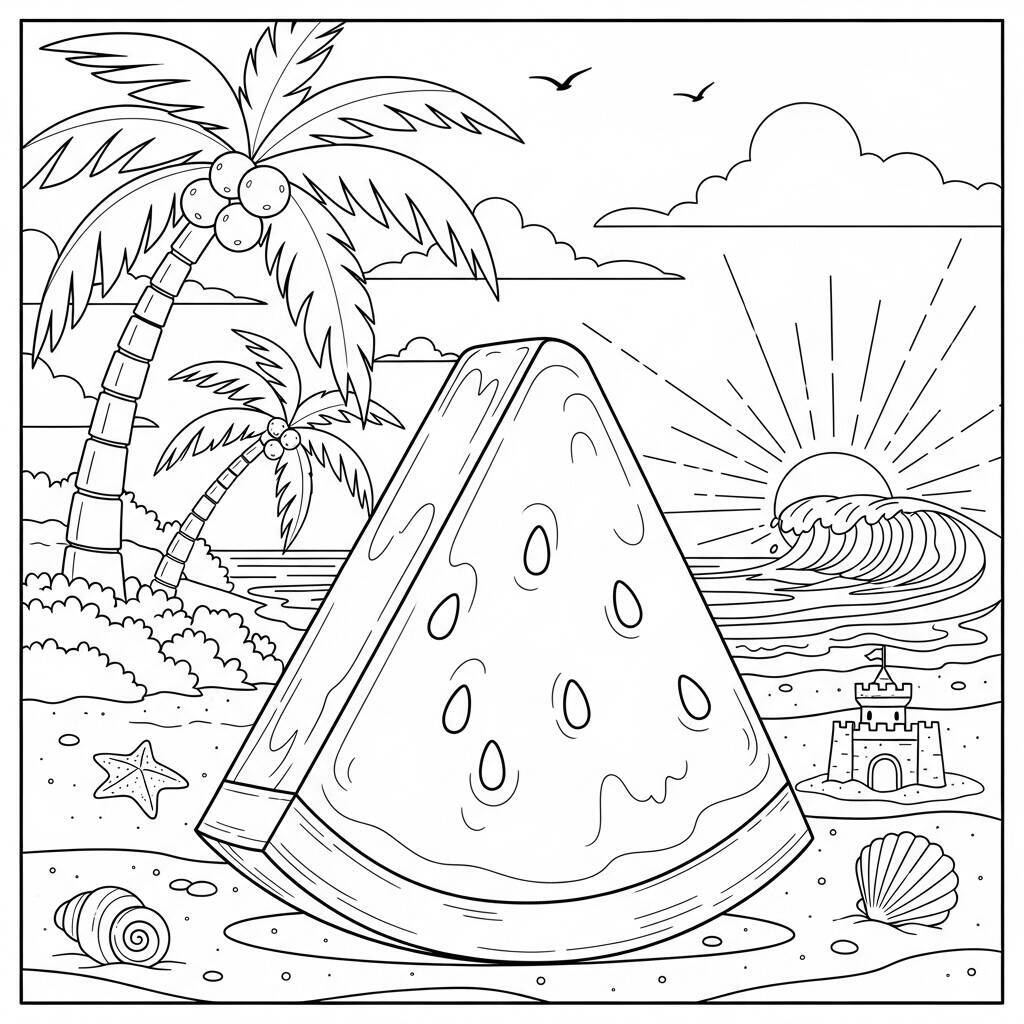 Malvorlage Wassermelone und Strand