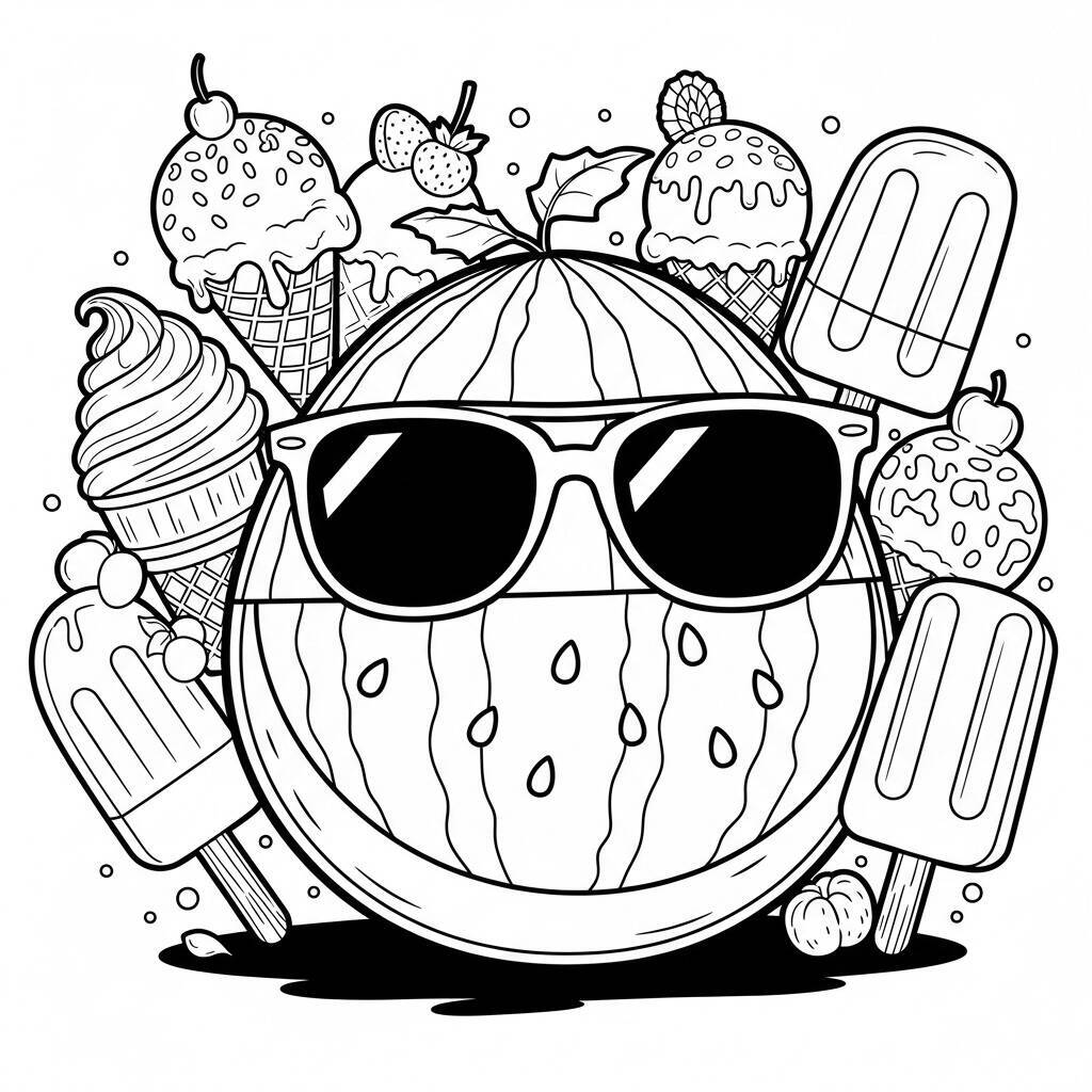 Malvorlage Wassermelone und Eiscreme