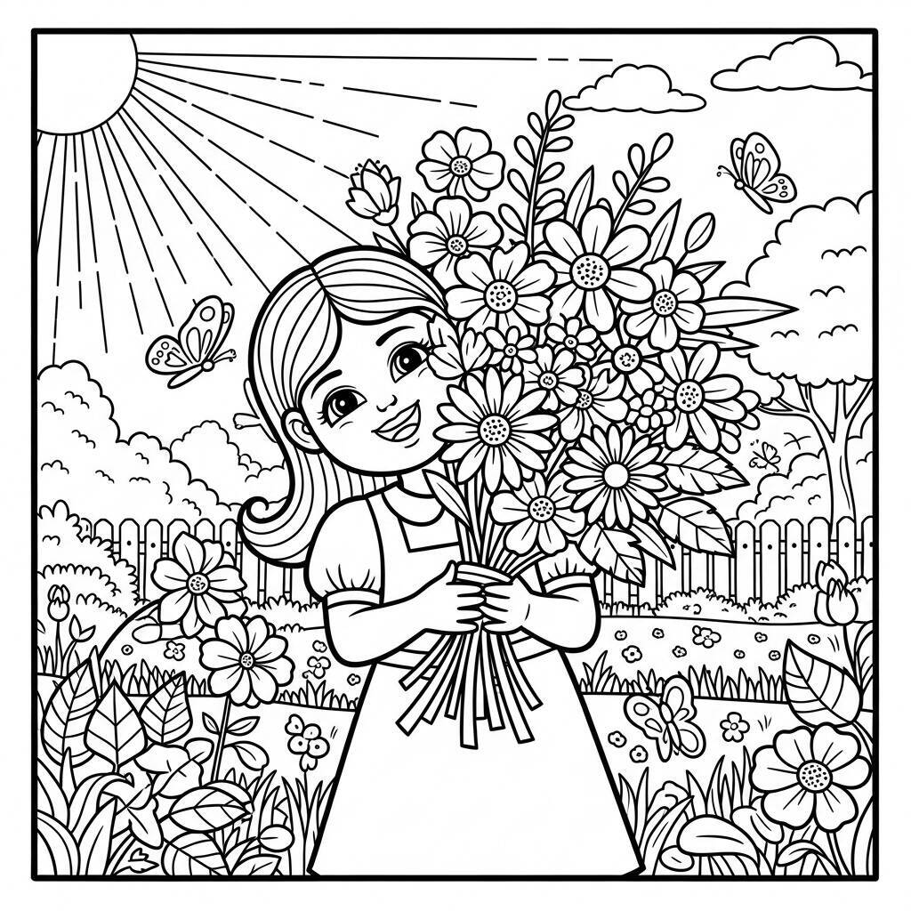 Desenho de Menina com Flores para Colorir