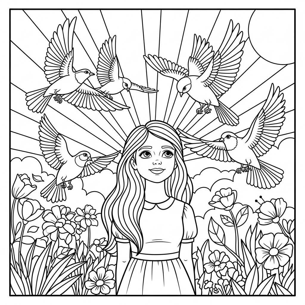 Desenho de Menina com Pássaros para Colorir